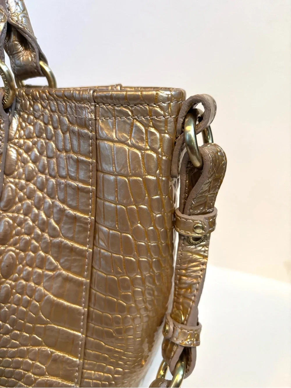 Rare New Brahmin Croc Mini Arno Fizz Glossy Gold Tan NWT